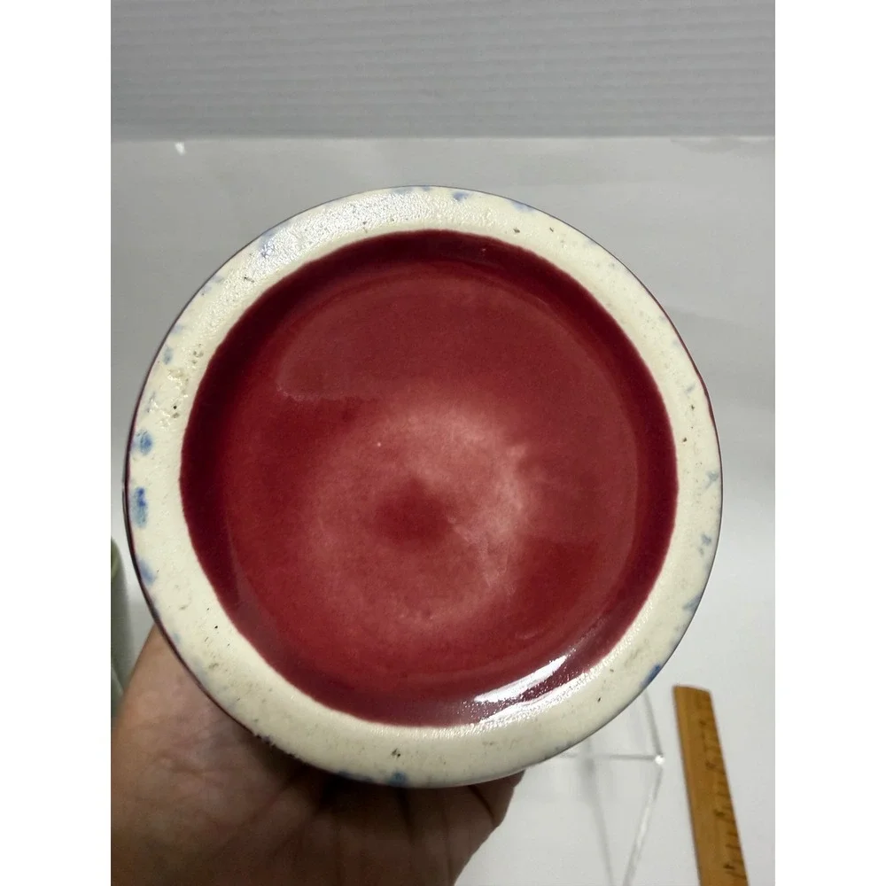 Vintage Studio Pottery Vase Oxblood Red Blue Mottled Glaze Bulbous Pottery MCM